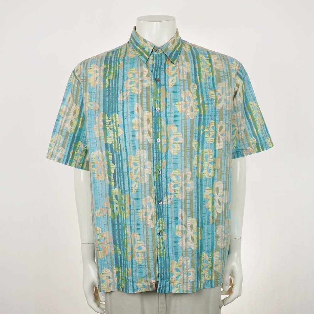 Norm Thompson Tori Richard Cotton Lawn Hawaiian Shirt Mens XL Blue Floral Aloha